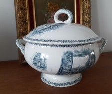 ANCIENNE SOUPIÈRE TERRE DE FER SUPERBE DÉCOR  OISEAUX,CHAT ... PEU COURANT