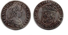 MA # 34241 -- Louis XIV -  1/4 Ecu à la mèche courte 1644 A    --  état TB+