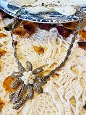 Collier ancien style Art Déco argent 925 poinçons marcassites perles 42 cm