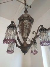 Rare lustre Art Déco montgolfière à 4 bras d'éclairage à pampilles des années 30