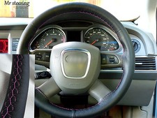 Couvre Volant En Cuir Italien Noir Réel Pour Audi A3 04-10 Avec Couture Rose