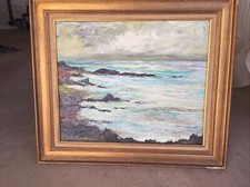 ANCIEN TABLEAU HST Marine, Vue Mer Avec Côte Rocheuse Avant La Tempête