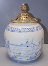 -ANCIEN POT Chinois à GINGEMBRE BLANC BLEU COUVERCLE LAITON Ajouré  D