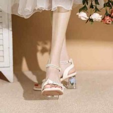 Sandales Femme Confortables 6 Cm Blanc Perles Élégantes Cuir Synthétique 76761