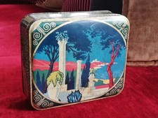 Boite publicitaire ancienne en tôle peinte paysage de bord de mer art déco