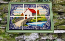 Fresque murale sur carrelage - Maison, Pont, Rivière - signée RAFAEL - artisanal