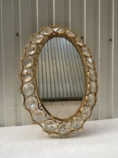 ANCIEN RARE MIROIR MURAL OVALE DESIGN VINTAGE PALWA EN LAITON DORÉ & CRISTAUX