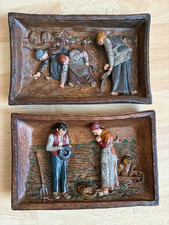 Lot de 2 bas-reliefs muraux vintage en bois peint à la main - Scènes paysannes