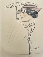 Caricature, Dessin, Portrait de Femme au Parapluie, Signature à Identifier