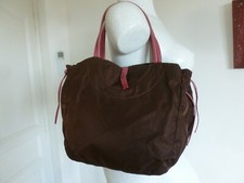  SAC  " BRONTIBAY " NYLON SATINE CHOCOLAT GARNITURE CUIR VIEILLI ROSE TBE