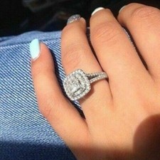 Bague de mariage diamant simulé double halo taille princesse 2,65 carats or b...