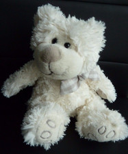 W6. DOUDOU PELUCHE OURS CHIEN I2C BLANC EMPREINTES NOEUD TAUPE 18cms ASSIS