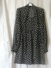 Robe Tunique EVASEE Femme Taille 36 Noire POIS Blancs VOILE DOUBLEE COL CRAVATE