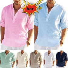 Chemise homme manches longues coton lin Henley bouton uni pull t shirt chemisier !
