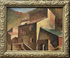 Antique Landscape Original Oil Painting on Cardboard, Old Town, Cubism, Framed