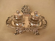 ALLEMAGNE,ENCRIER EN CRISTAL ET ARGENT A DOUBLE GODETS,EPOQUE FIN 19ème