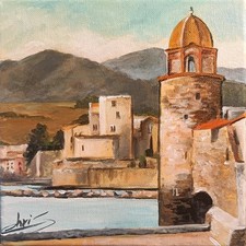 TABLEAU PEINTURE TOILE PAYSAGE MER PHARE COLLIOURE  DECO ART  SIGNÉ CHRISK