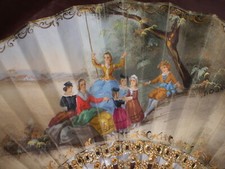 L' escarpolette Eventail Fan vintage peinture & dorure sur tissu signé J. DURIN