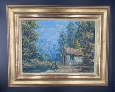Pierre Lemoine Huile Sur Toile " Cabane Dans Les Bois " Bon état