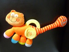 066. DOUDOU PELUCHE HOCHET CHICCO CHAT ORANGE anneau dentition miroir grelot TBE