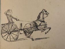 Très Beau Dessin Ancien Encre Cheval Course Chevaux Personnage XIXe A Identifier