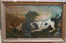 Grand Tableau Scène de Chasse Chien à l'Arrêt Huile/Toile XIXème Siècle