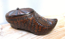 SUPERBE ORIGINALE TABATIERE FORME SABOT  BRETONS BOIS SCULPTE Long 17, 5 cm