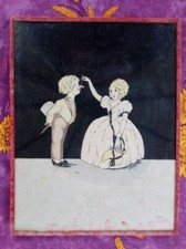 Gravure sous verre Lithographie ancienne Scène Romantique d Enfants Signée ?