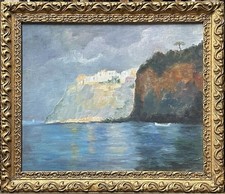 Original Antique Marine Cliffs Boat Oil Painting on Hardboard, Framed