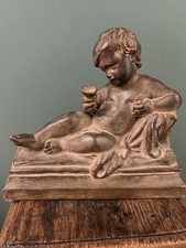 Amour & Cherubin a La Coupe Terre Cuite Sculpture Signé