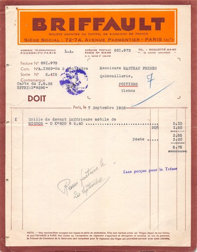 1938 facture briffault paris - briffault,