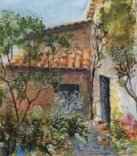 « Petite Cour » Aquarelle Village France Côte Azur Provence Pittoresque Joyeuse