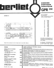 BERLIET / GPR 250 / CAMION PORTEUR ou TRACTEUR / FICHE TECHNIQUE de 1968