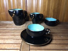 Ancien Service Petit Déjeuner Céramique Noire & Bleue Vintage #A517