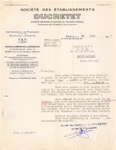 Lettre 1936 etab ducretet - 1936,