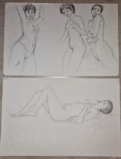 Lot Deux Dessins Contemporain Nue De Femme Modèle Cheveux Courts