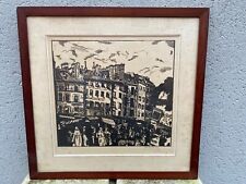 JEAN PAUL DUBRAY LINOGRAVURE SCENE DE RUE PARIS LES BAINS DOUCHES DEBUT XXEME