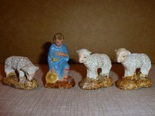 4 santons Devineau - Jeune berger à genoux + 3 moutons