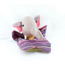 Doudou plat marionnette éléphant tissu indien violet bordeaux rose - 17489