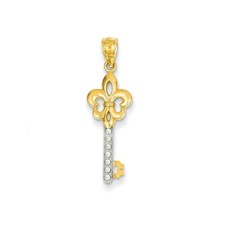 14K or Jaune et Blanc Poli Diamant Coupe Religieux Fleur de Lis Pendentif Clé