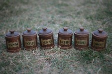 Série 6 pots anciens en bois cuisine épices Canisters Kitchenalia Shabby Chic 