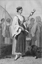 CROATIE- FEMME de SIBENIK filant la LAINE avec FUSEAU & QUENOUILLE - Gravure 19e