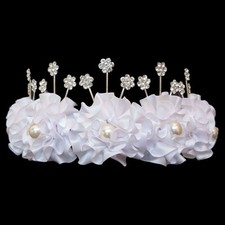 Diadème Couronne de FLEURS Mariage Mariée Satin Perles et Cristal Blanc