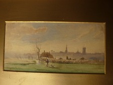 TABLEAU MINIATURE ANCIEN PEINTURE AQUARELLE PAYSAGE ANIME CHASSE