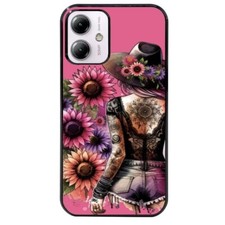 Coque noire pour Moto G54 tatoo rose