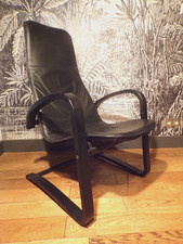 FAUTEUIL SCANDINAVE-CUIR & BOIS-NOIR-DESIGN 80-90-relax