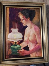 Tableau huile sur panneau femme nue a la lampe