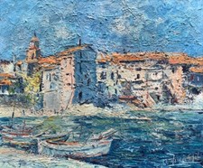 Jacques Sokol Vintage French Oil Painting Seascape Saint-Tropez Boat Signed 1960