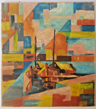 Tableau, peinture à l'huile sur toile, bateau, sampan, école Indochine, Vietnam.