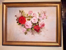 Tableau Peinture Bouquet roses Nature morte huile toile 64x47cm signé cadre doré